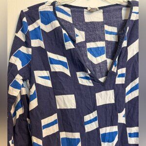 Jcrew Geometric Blue and White V-Neck Top